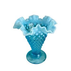 Vintage Fenton Aqua Blue Opalescent Glass Hobnail 8” Ruffled Cone Shaped Vase
